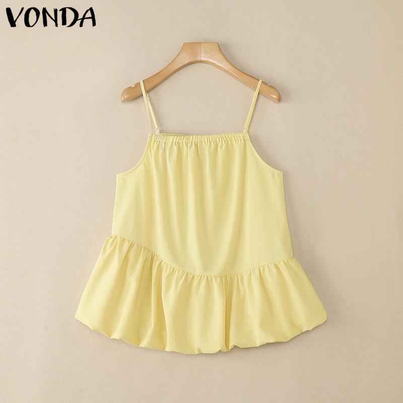 VONDA Women Strap Sleeveless Ruffled Casual Pleated Tank Tops