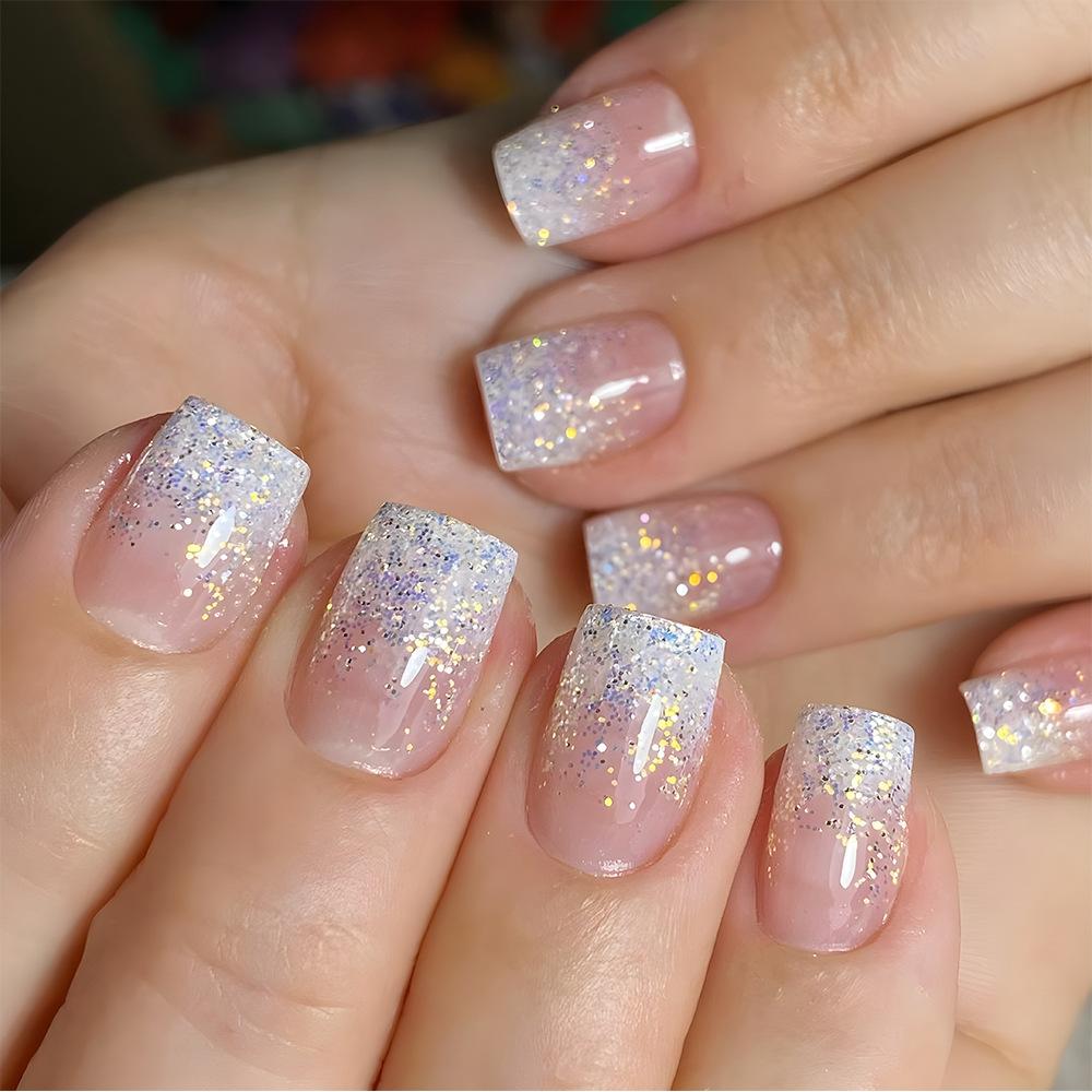 24 pz/set Quick Nails Glitter Bianco Gradiente Nail Art French Unghie Indossabili Adesivi per Unghie Rimovibili Impermeabili Unghie Finte