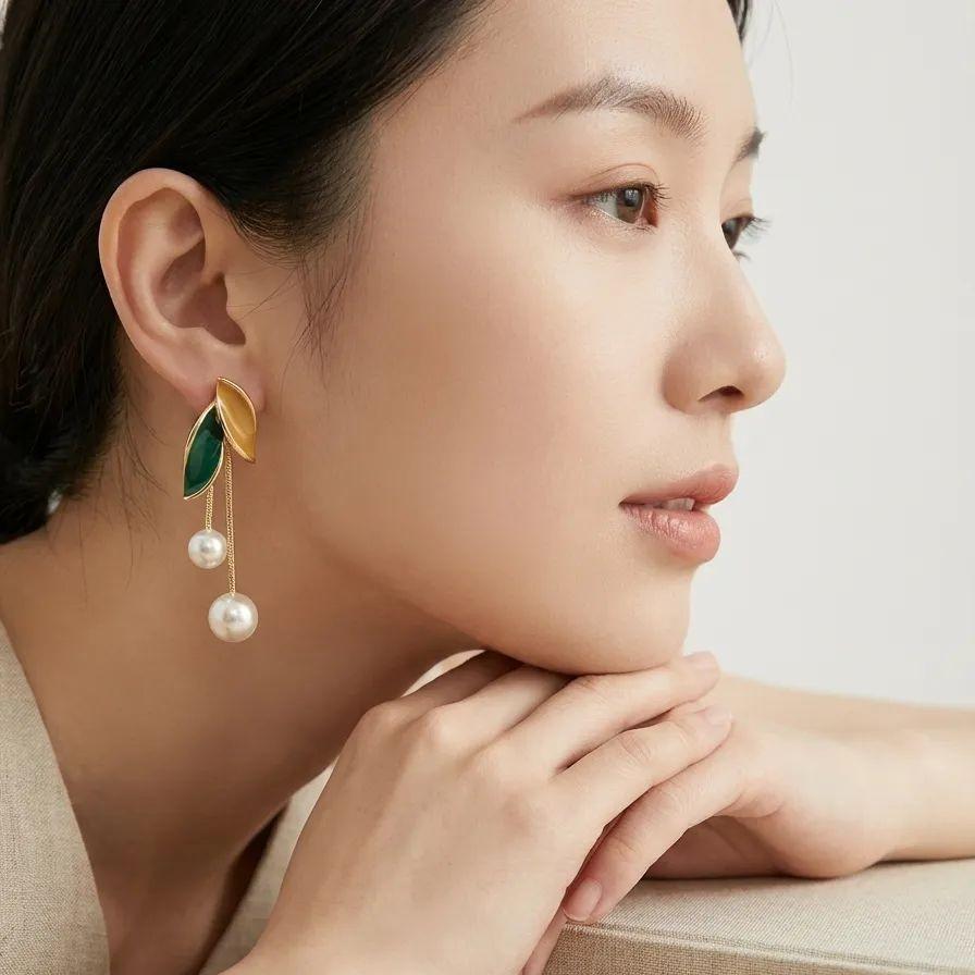 Simulation Pearl Leaf Fringed Earrings Dripping Oil Long Earrings Temperament Earrings Tassel Earrings