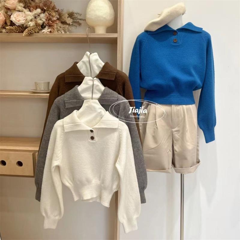 

Вязаный укороченный свитер с лацканами и высокой талией, верхняя одежда, женский новый осенне-зимний высококлассный пуловер с длинным рукавом, женский топ one size fits all темно-коричневого