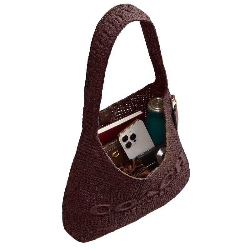Coach Brown Woven Large Hobo Shoulder Bag with Embossed Logo for Daily Use