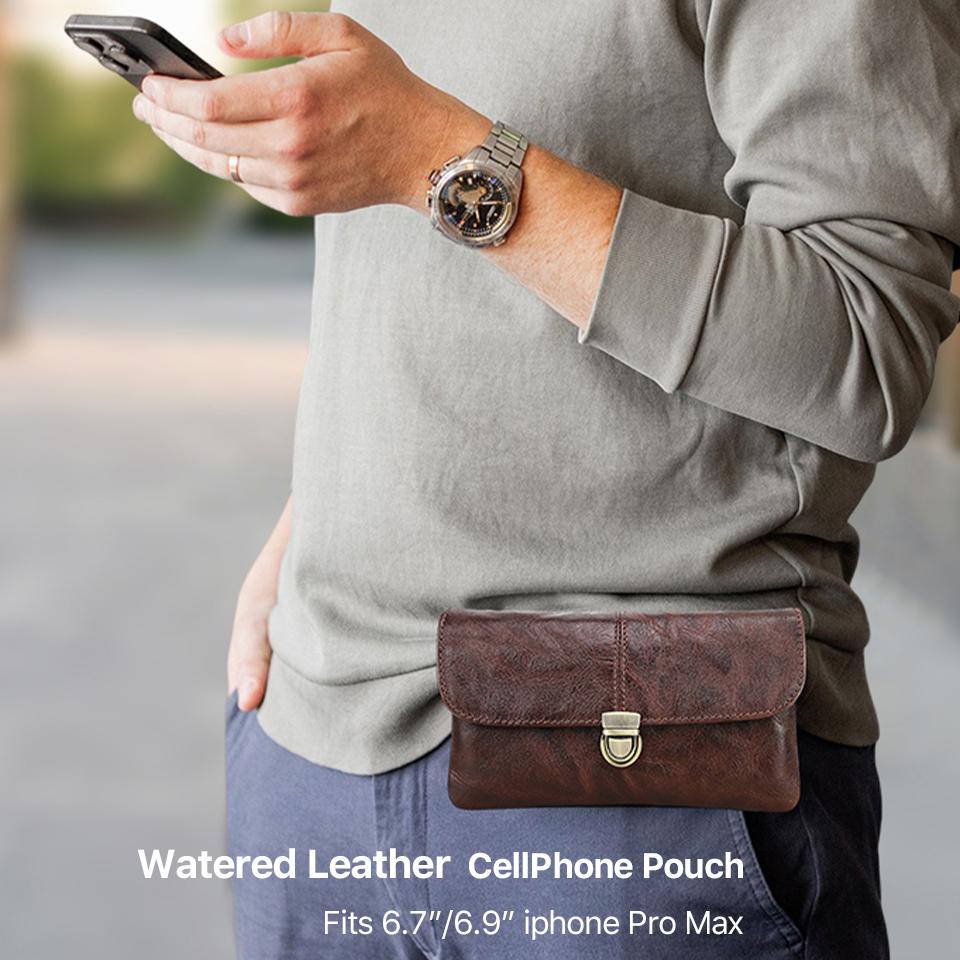 Genuine Leather Waist Phone Bag for Men Full Grain Leather Fanny Bag Waist Pack 6.9" Phone Pouch for iPhone 16 17 Pro Max