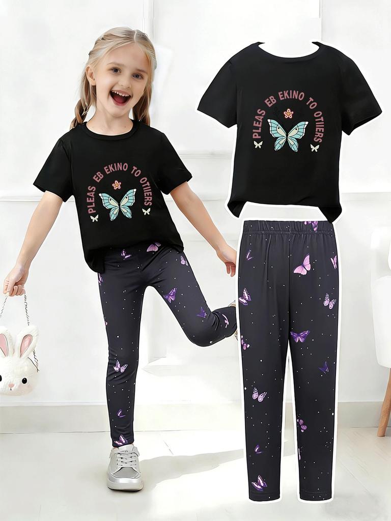 Girls' Summer Casual Short-Sleeve Long Pants Set - European & American Print