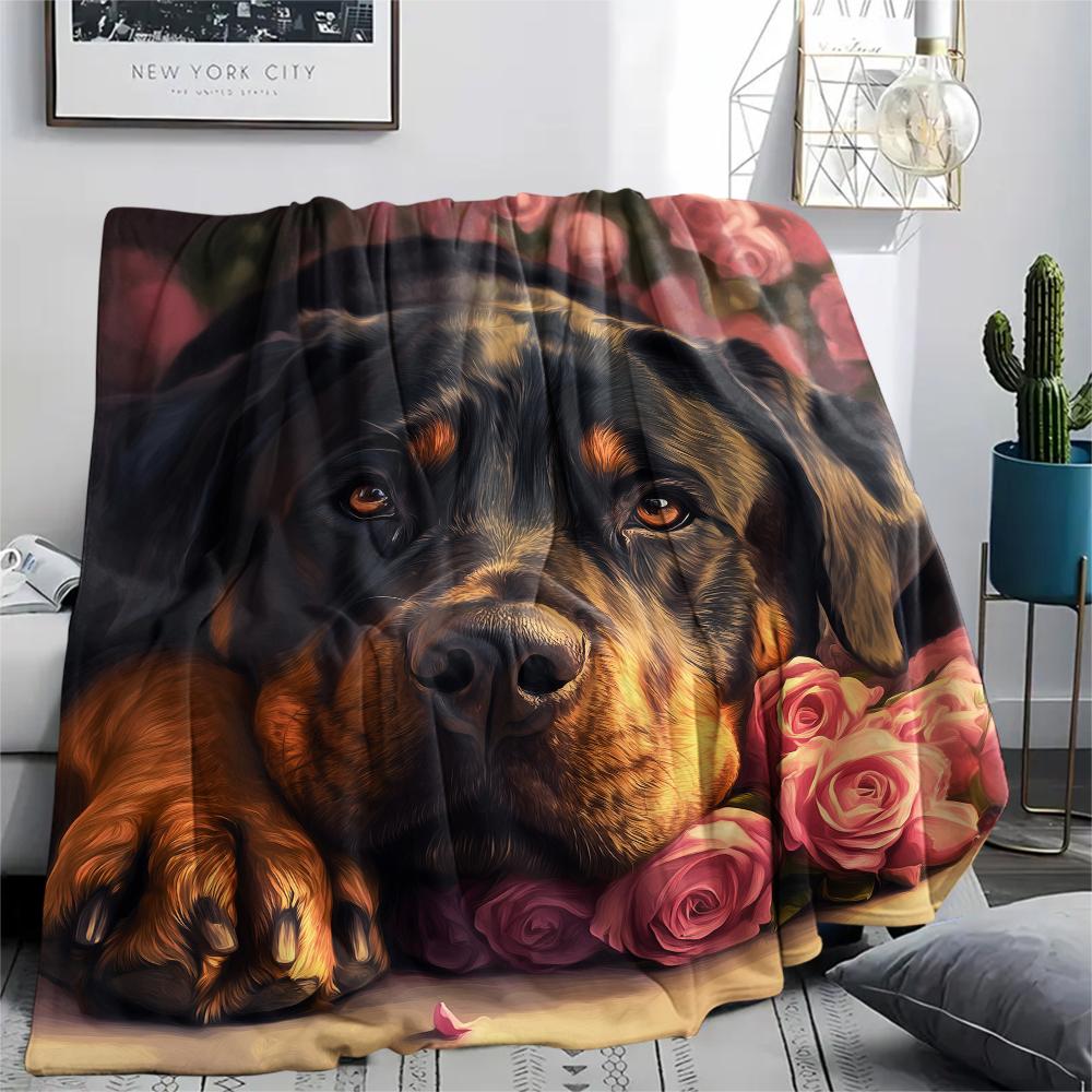 Rottweiler and Roses,pattern Flannel Blanket, High quality Comfortable for All Seasons, Home Decor, Warmth and Comfort, Perfect for Gifts.