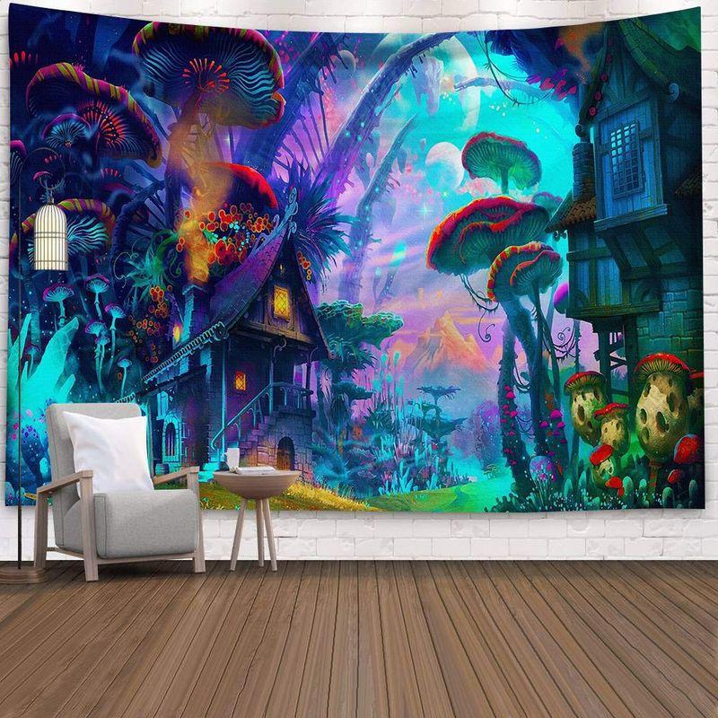 Mushroom Forest Tapestry, Peach Skin Velvet Background Fabric, Polyester Digital Printing Wall Carpet, Room Decoration Hanging Fabric