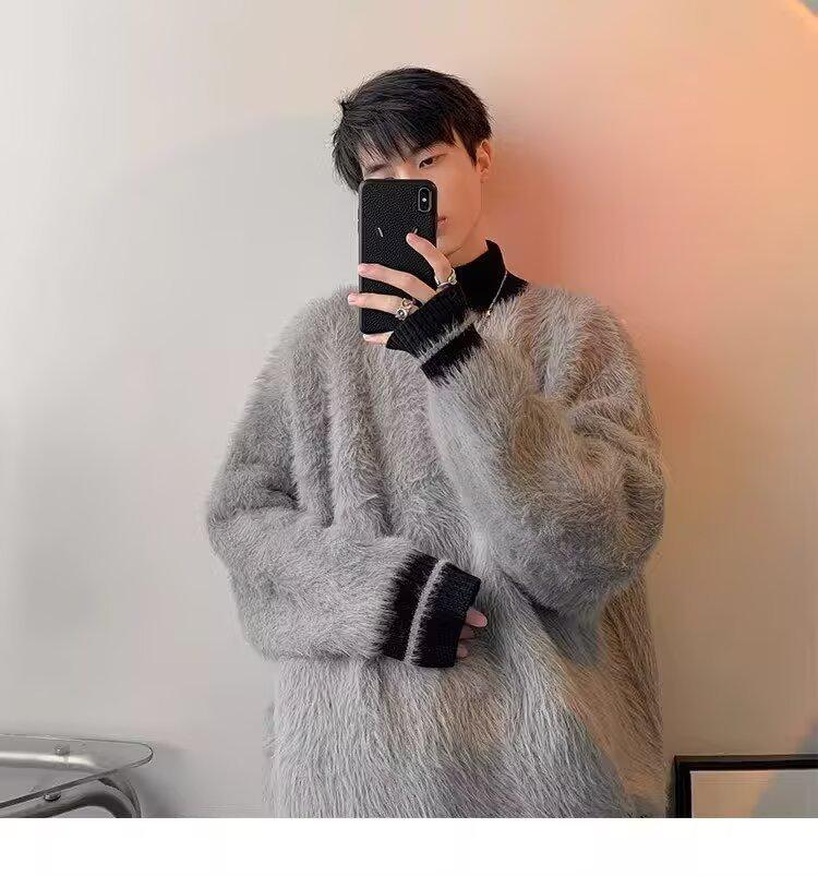 Unisex svetr v americkém stylu s patchworkem z umělého norka, vysoký límec - Ležérní, Módní, Dlouhý rukáv, pro podzim a zimu