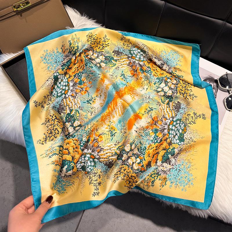 French Light Luxury Floral Small Square Scarf Simulation Silk Printing Silk Scarf Headscarf Women's Spring and Summer Scarf Temperament Scarf Scarf N