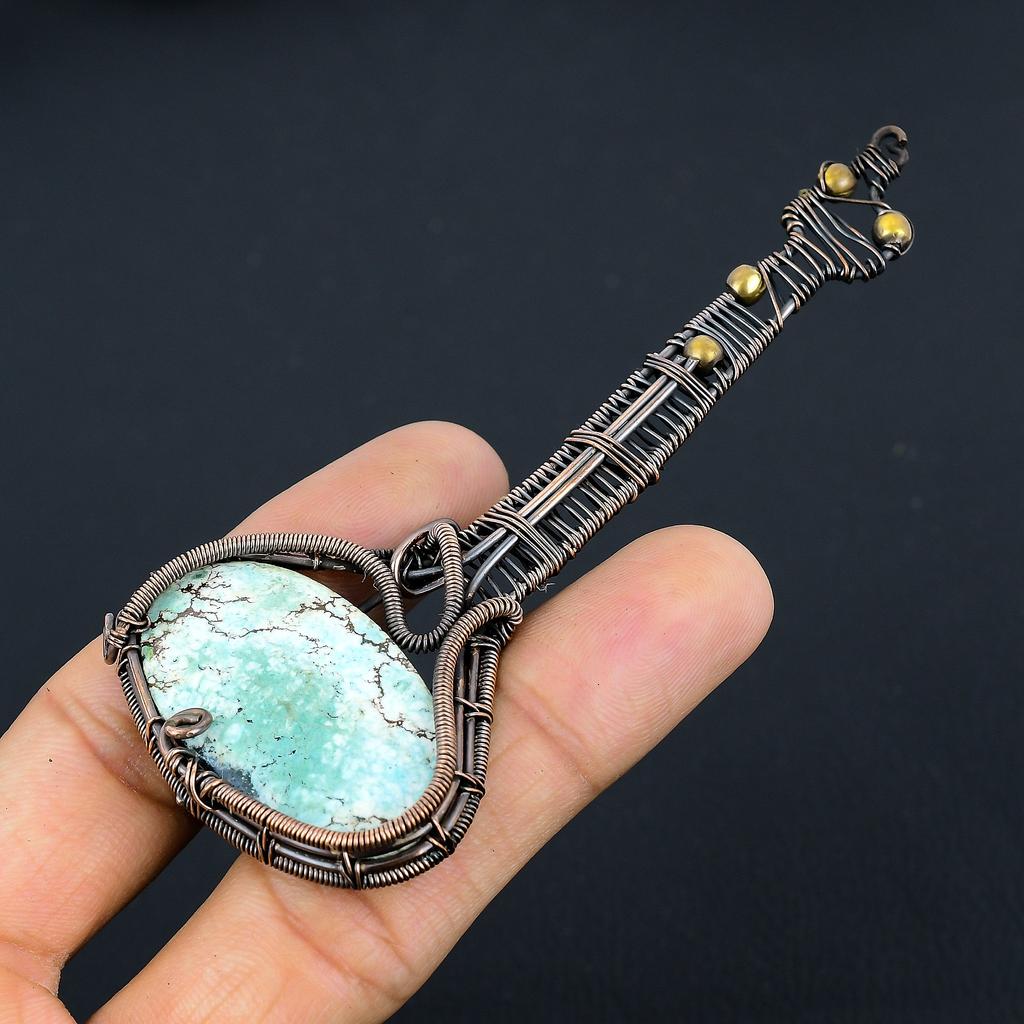 Guitar Tibetan Turquoise Handmade Copper Wire Wrap Pendant 4.33 T4y61