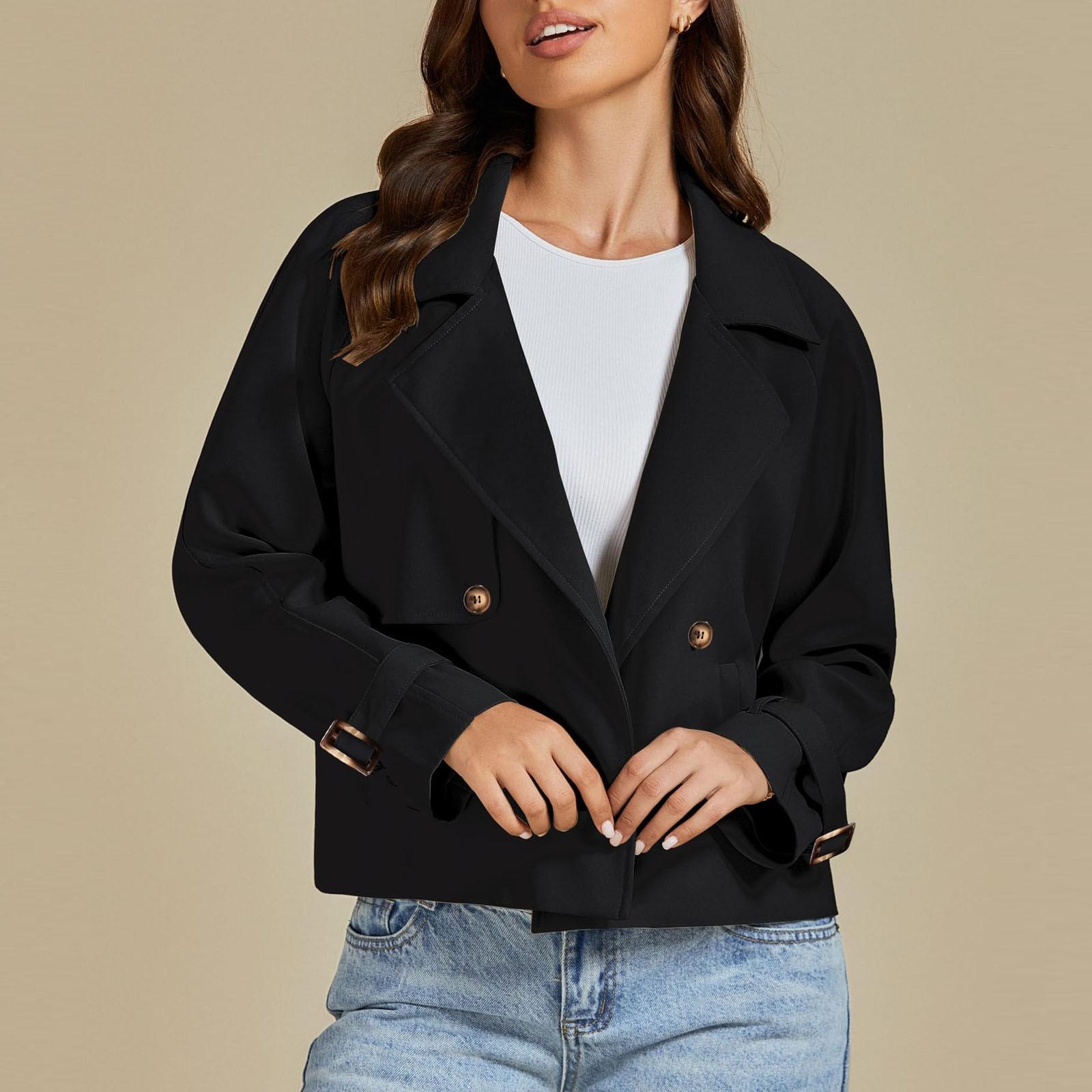 

Женский однотонный короткий тренчкот с лацканами, длинный рукав, двубортный повседневный пиджак, шерстяное пальто L чёрный