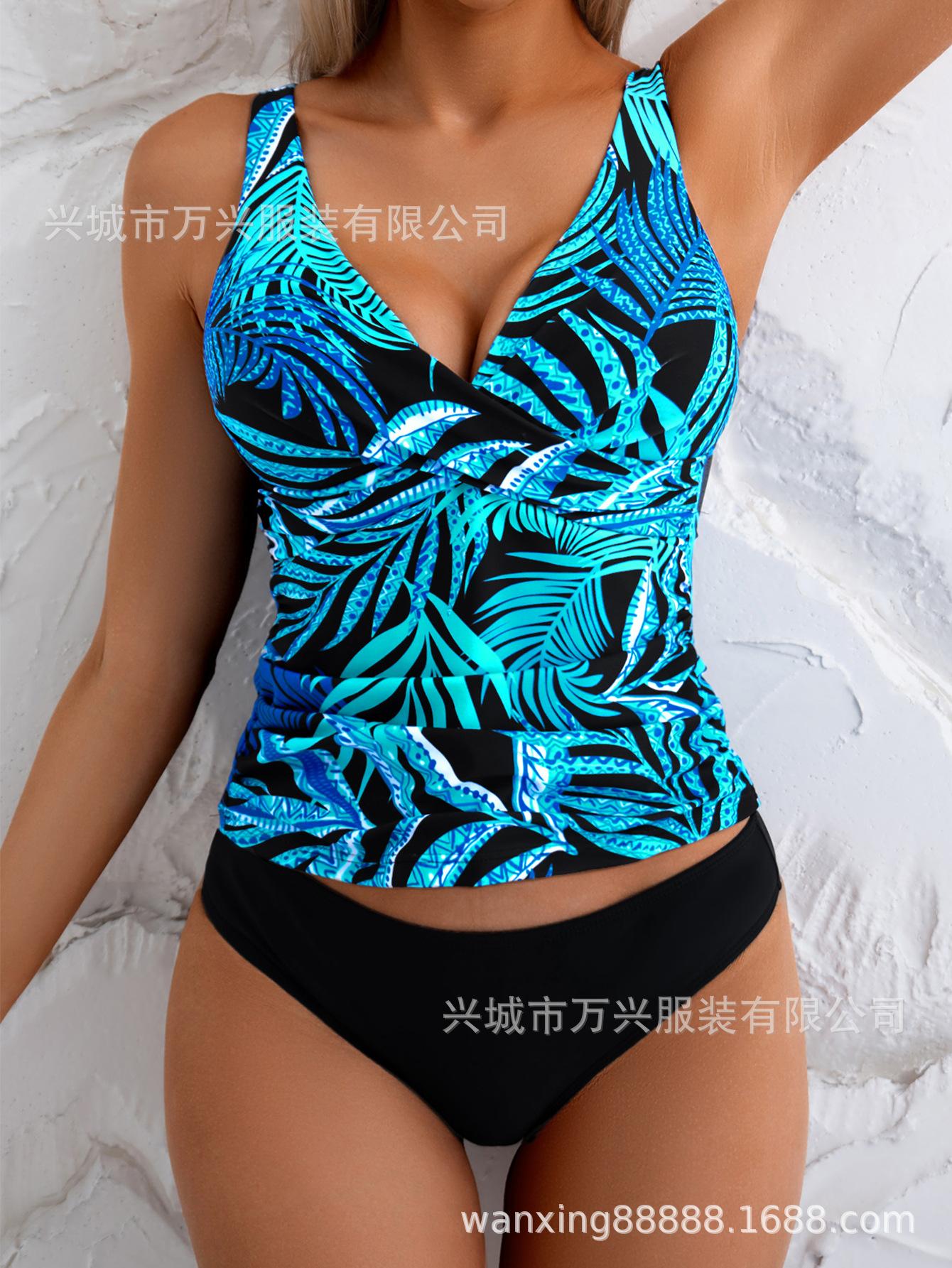 New European and American style print split swimsuit female sexy suspender high waist thin beach vacation bikini swimming S синий