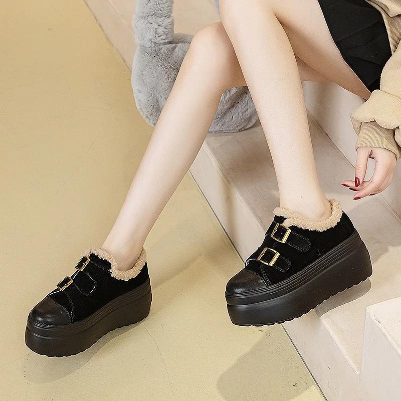 Fashion 8cm Women's Snow Boots, Korean Style Fluffy Winter Casual Shoes with Chunky Sole and Buckle, Thick Bottom Ankle Boots