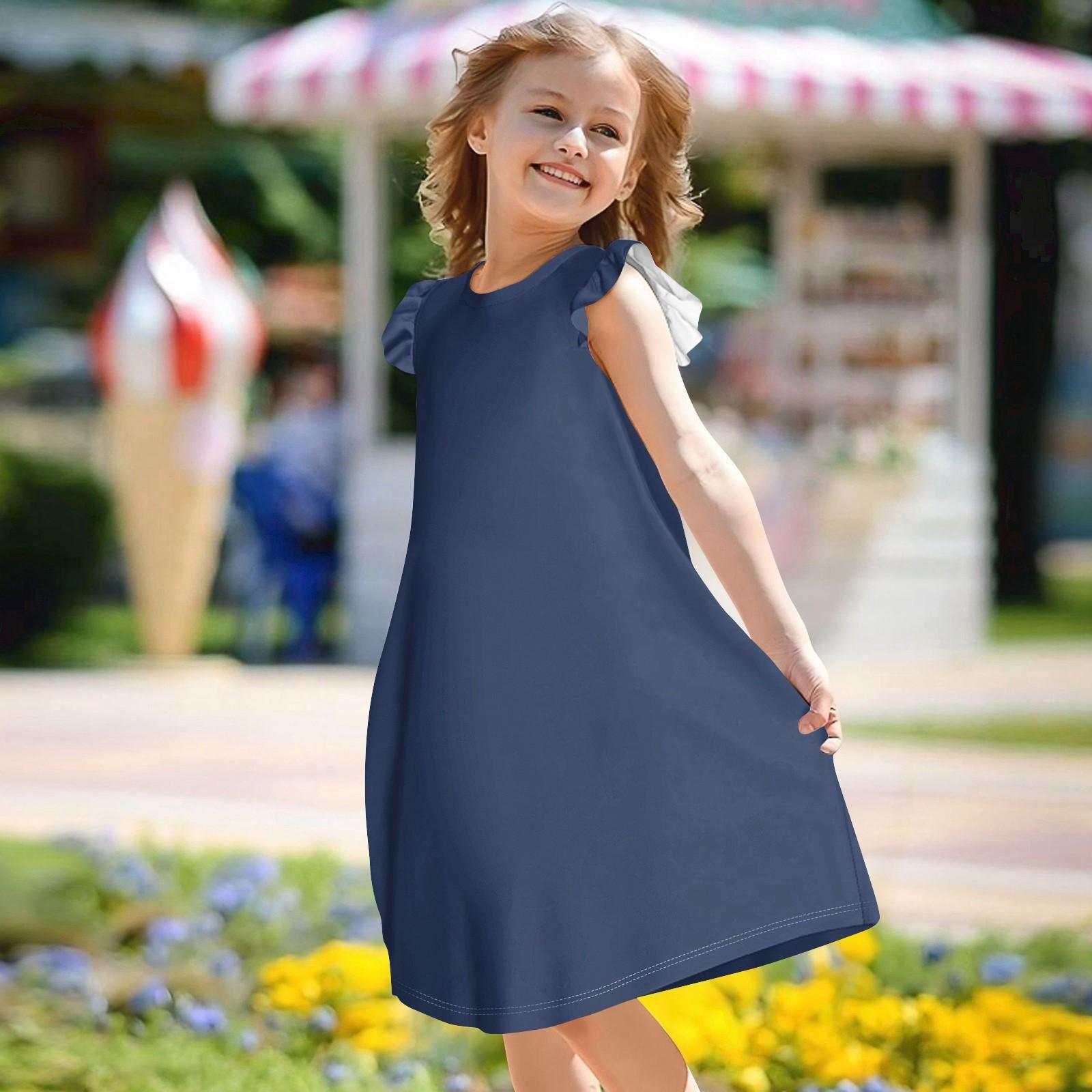 Children s Flying Sleeve Round Neck Summer A-Line Casual Holiday Loose Dress 150 тёмно-синий