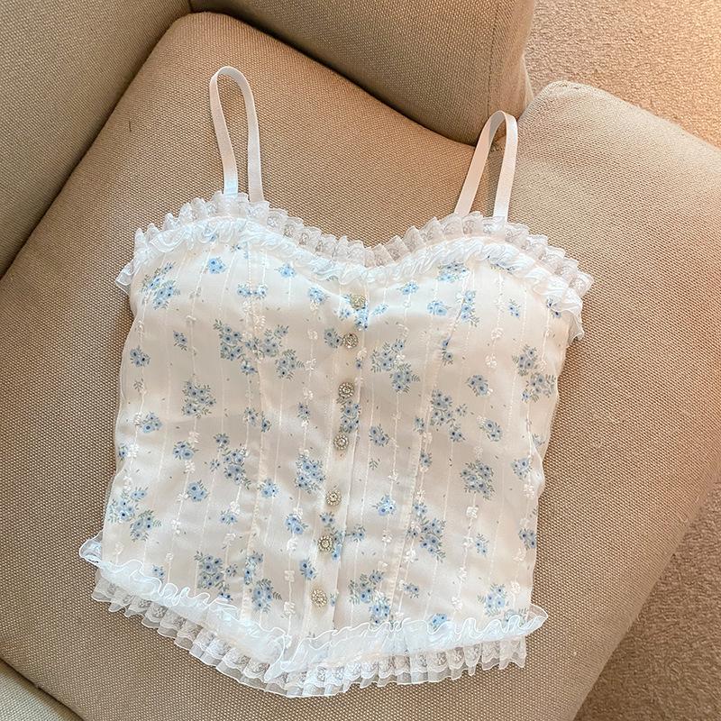 Floral Lace Strappy Camisole with Built-In Bra, Beautiful Back Detail for Women One Size
