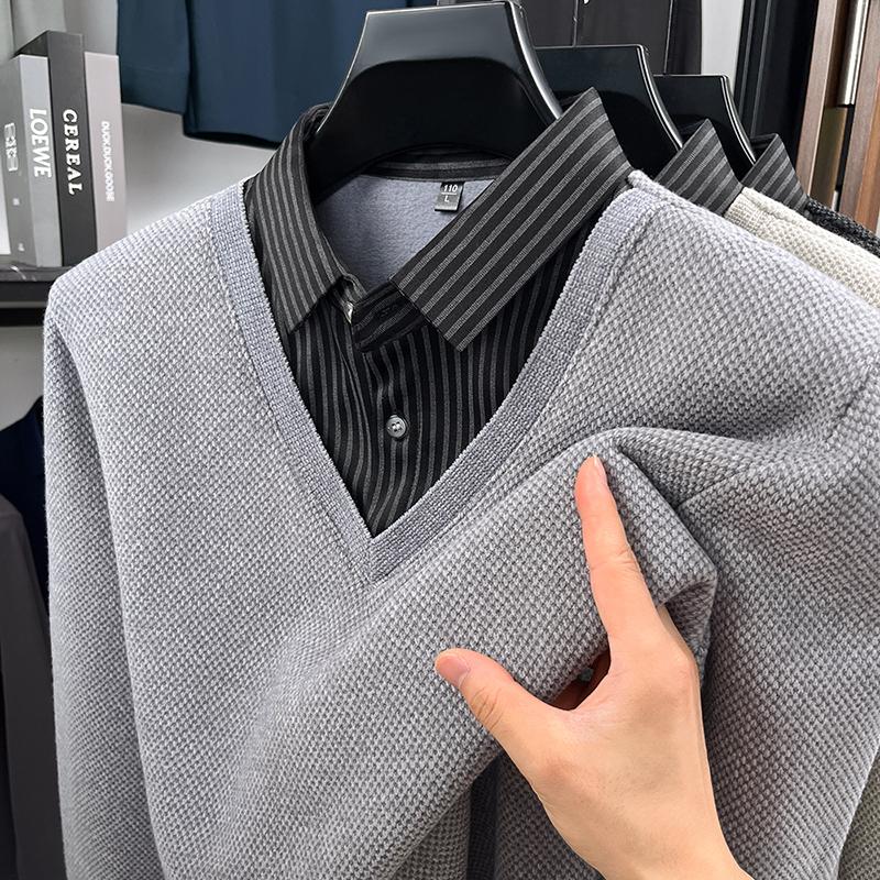 

Men s Lapel Fake Two Piece Knitted Sweater Winter Velvet Thickened Print Striped Business Casual Men swear L сірий колір