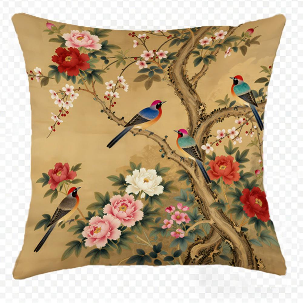 Exquisite Floral & Bird Patterned Double-Sided Printed Pillow Cover Short Plush Suitable Living Rooms Sofas Throw Cushion Cover