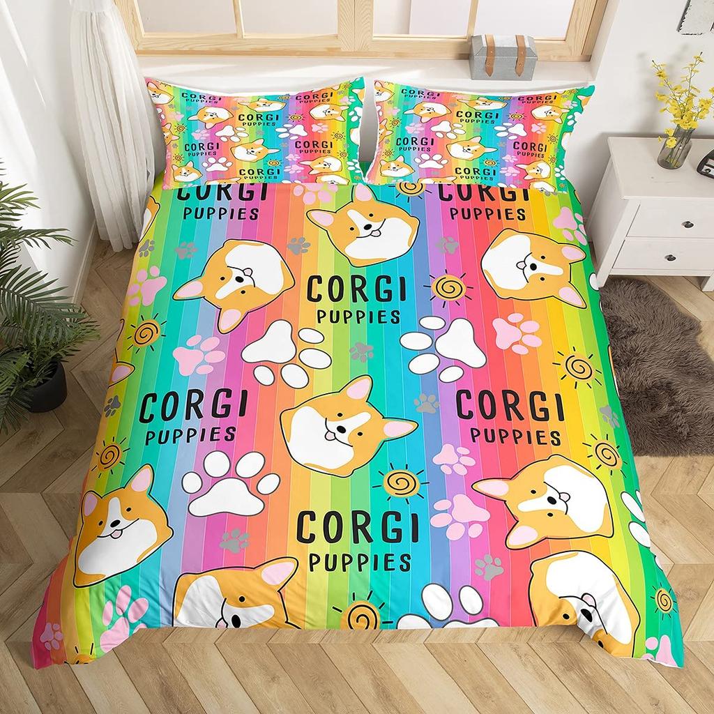 Pug Corgi Shiba Puppy Duvet Cover Set Dog Comforter Cover I Love Dogs Bedding Sets Kawaii Animals Cartoon Bedspreads Full Size