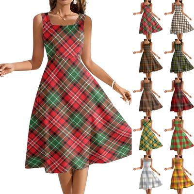 Women Sleeveless Plaid Dress Square Neckline A-Line Flared Midi Dress Casual Summer Sundress