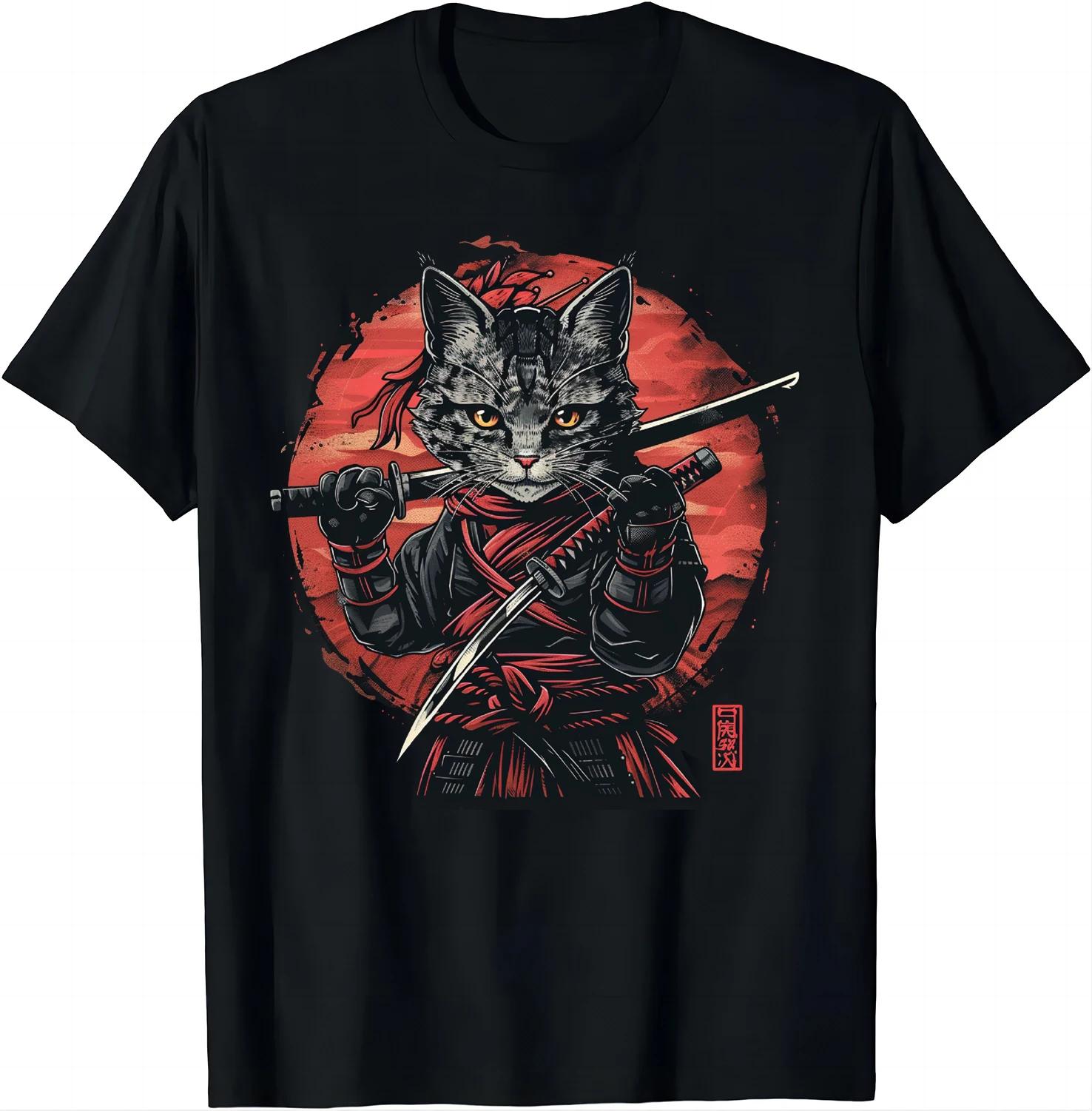 

Japanese samurai cat tattoo Kawaii ninja cat T-shirt street cool casual wear women s clothing top Camisetas 4XL