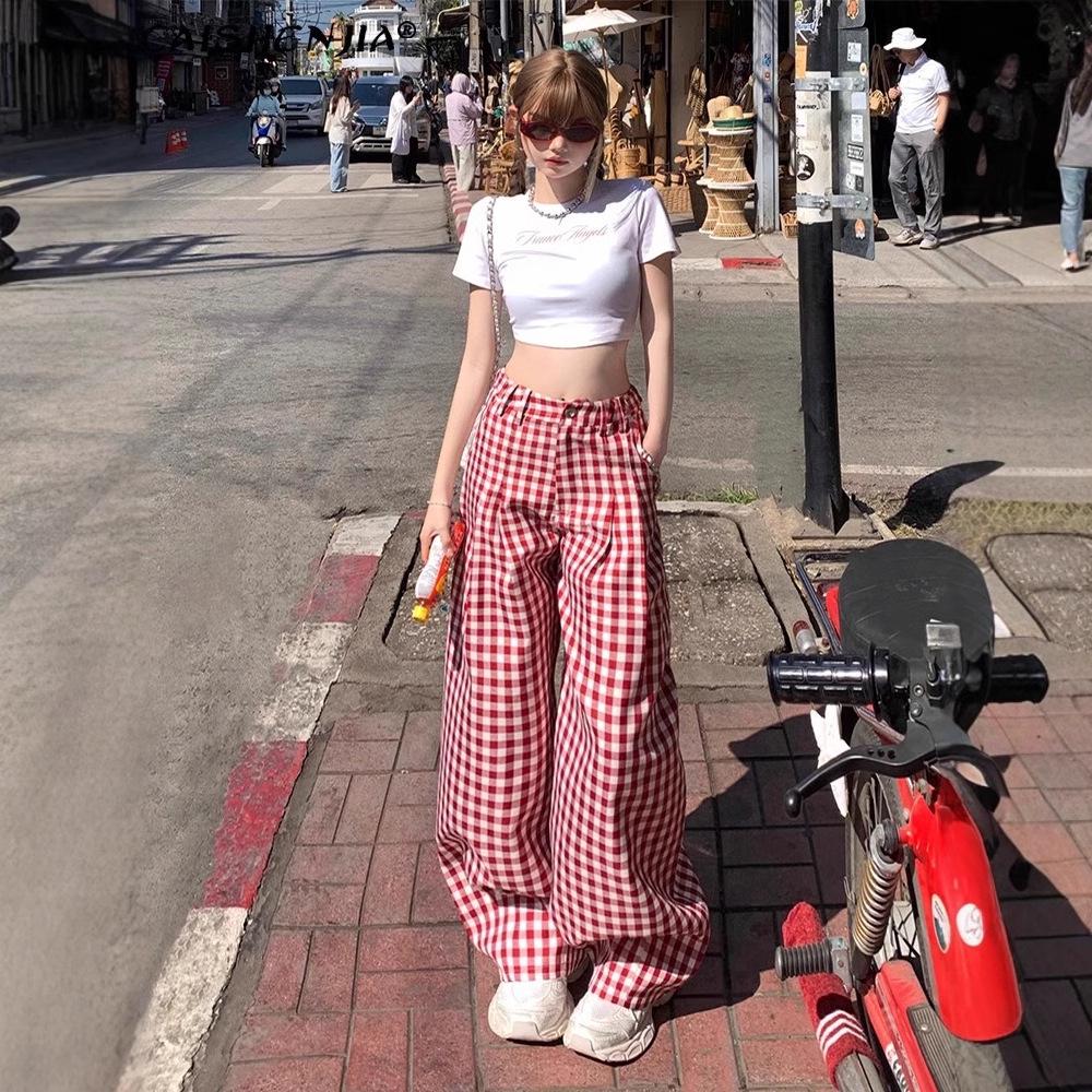 

Women s Retro Red Plaid High-Waisted Wide-Leg Pants - 2025 Spring Collection S [Premium Version]