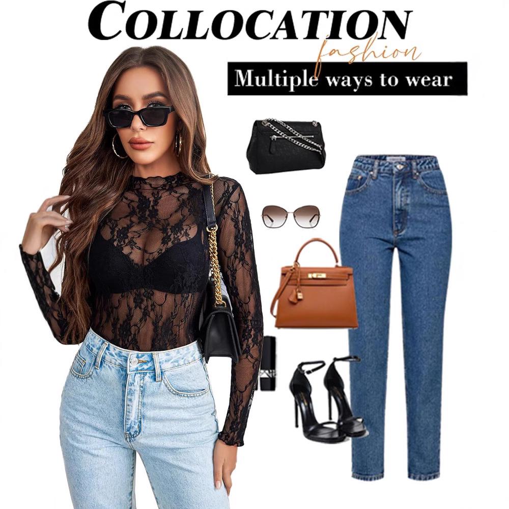 TK2025 Slim Fit Letní Síťovaný Krajkový Top s Dlouhým Rukávem pro Ženy