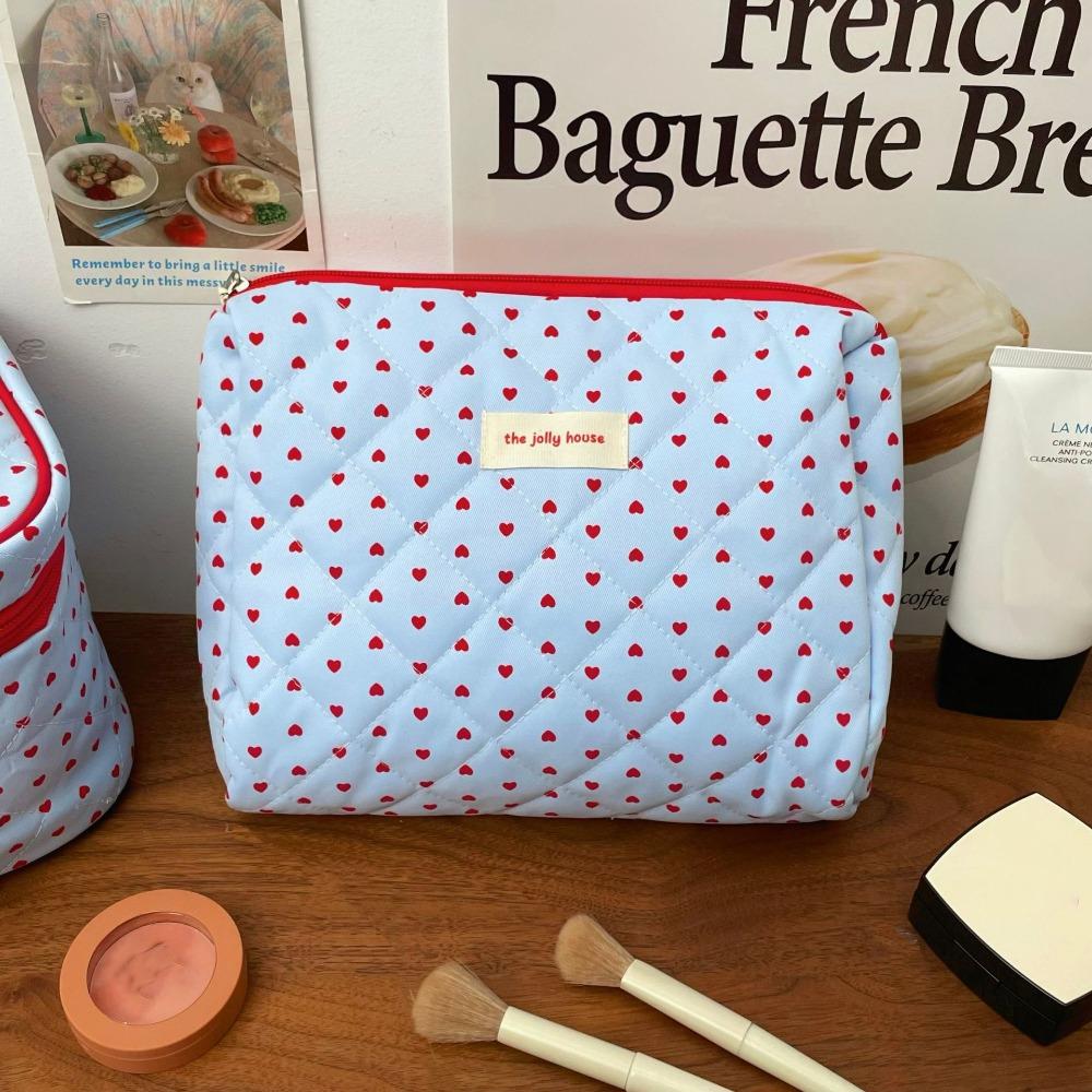 New Quilting Cotton Heart Cosmetic Bag Blue Multi-function Cosmetic Storage Bag Large Capacity Wash Bag Travel