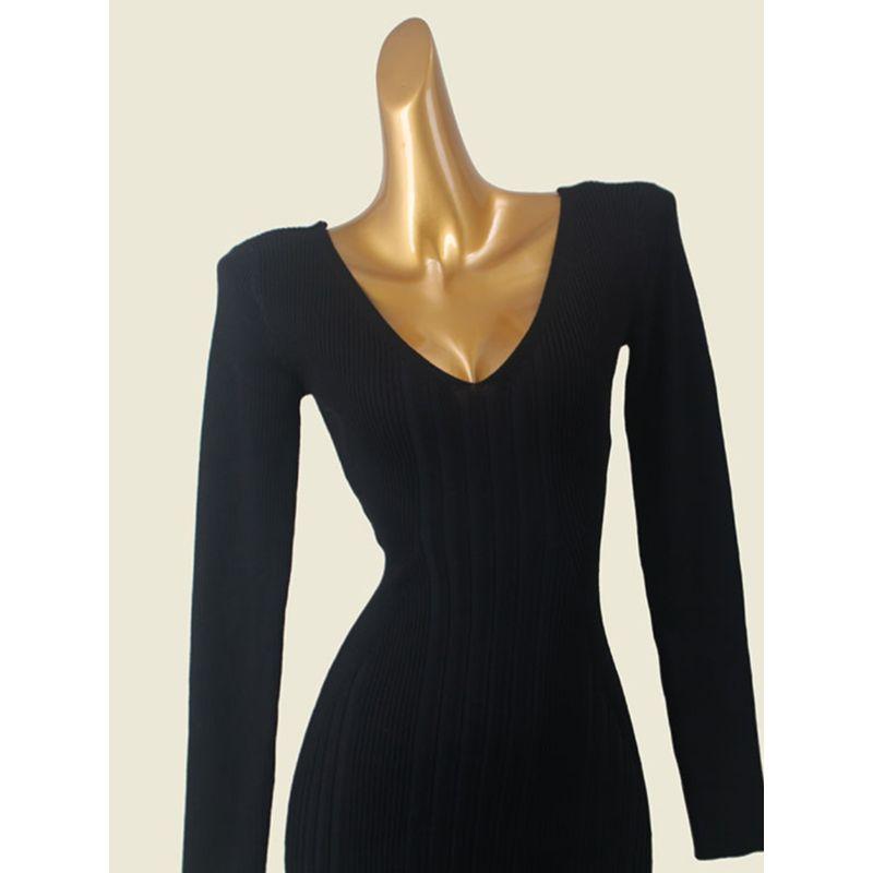 American Brand Fine Rib V-neck Autumn and Winter Base Skirt Foreign Trade Original Order Solid Long sleeve Sheath Slim fit Long dress