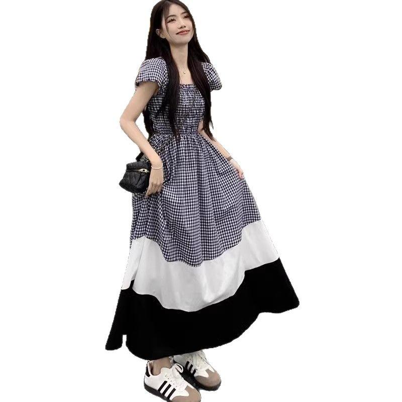 French retro contrasting color square neck dress women's new summer age-reducing design plaid waist dress