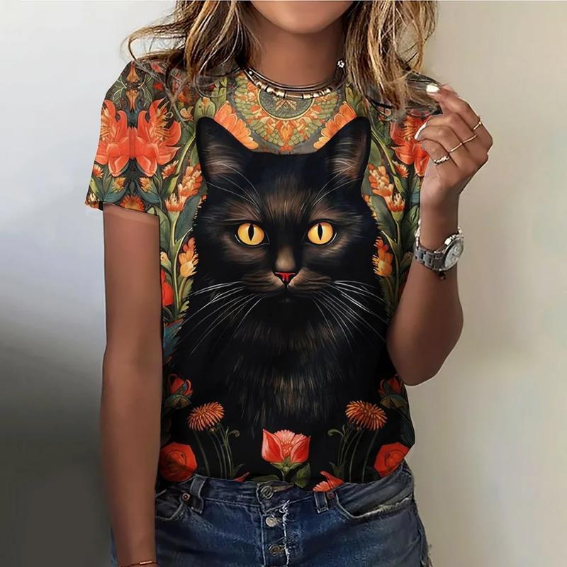 Summer O-Neck Short Sleeve Women's T-Shirt 3d Printed Black Cat Pattern T-Shirt Pullover Top Fashion Street Female Clothing 2024