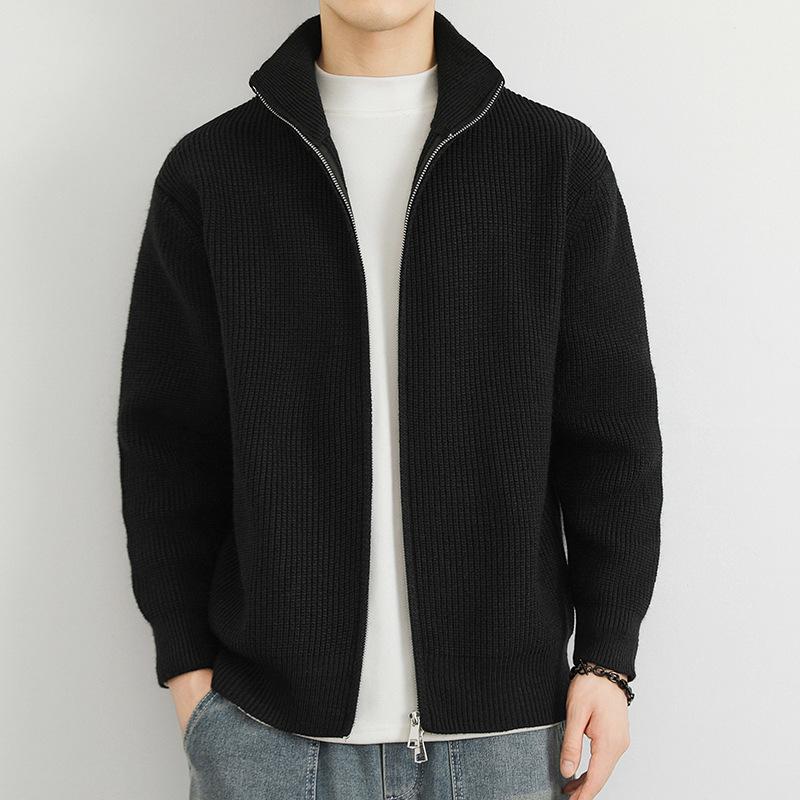 Cardigan din lână cu fermoar dublu Bărbați Jachetă tricotată cu fermoar casual pentru bărbați