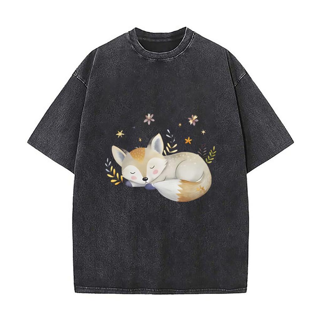 The Sleeping Fox Among Flowers and Leaves Mens Summer Tshirt Short Sleeve Loose Streetwear Short Sleeve Tops