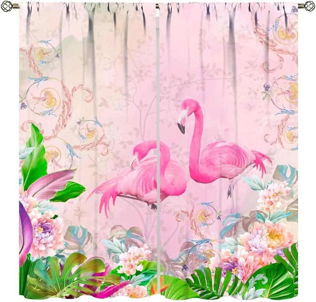 Flamingo Curtains,Tropical Plants Flower Print Window Treatments for Bedroom Living Room Jungle Animal Birds Drapes 2 Panel Set