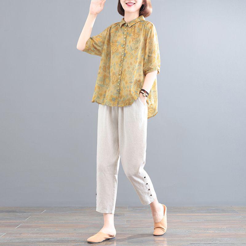 Koreanischer Stil Baumwolle Leinen Übergröße Retro-Print Zweiteiliges Set - Damen Lässiger Sommeranzug