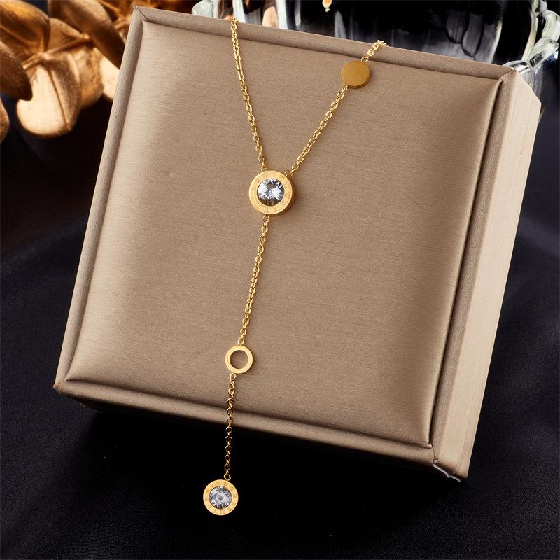 Titanium Steel Y Necklace Circle Crystal Pendant Adjustable Chain Choker for Women one size