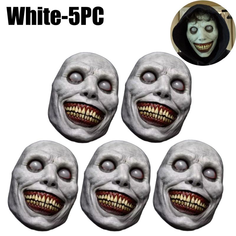 Halloween Scary Devil Face Latex Mask White Green Face Smiling Demon Mask Cosplay White-Eyed Devil Mask Horror Props