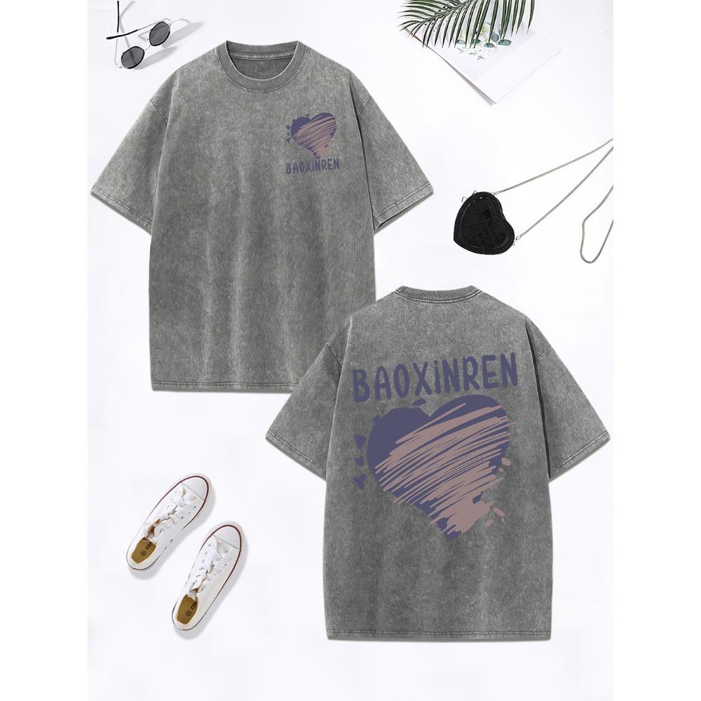 Personalized Graffiti Love Prints Washed T-Shirt Womens Cotton Oversized Tops Street Distressed O-Neck Clothes