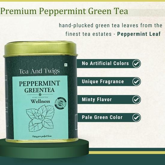 Tea And Twigs | Peppermint GreenTea -15 Tea Bags (30 Grams) | Pure Peppermint Leaves and Green Tea | Refreshing and Relaxing Tea | Darjeeling Tea