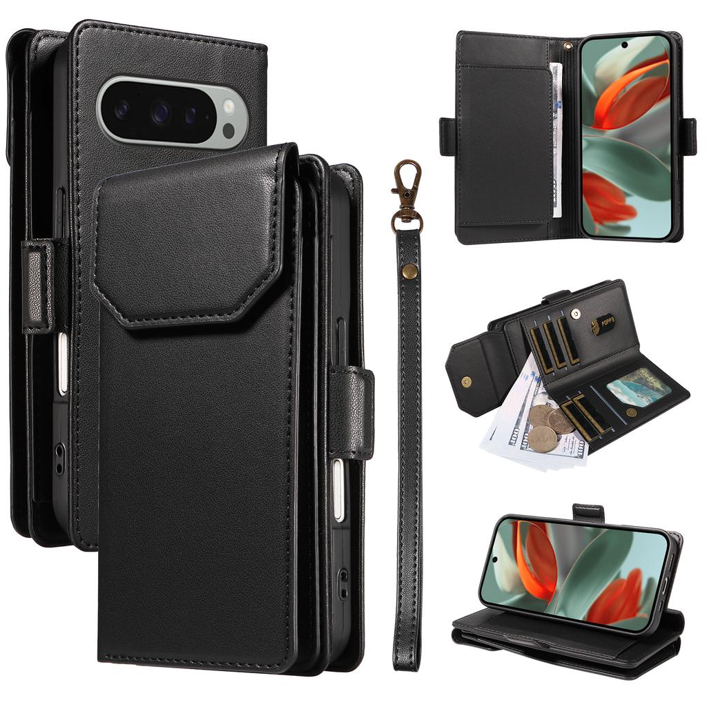 For Google Pixel 9 Pro XL Case with Multi-Card Holder and Strap PU Leather Phone Cover Stand