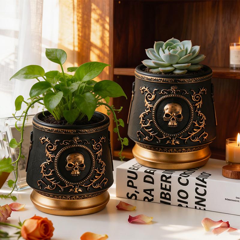 Gothic Skull Embossed Flower Pot Black Gold Resin Planter for Succulents Small Plants Home Office Desktop Window Decoration