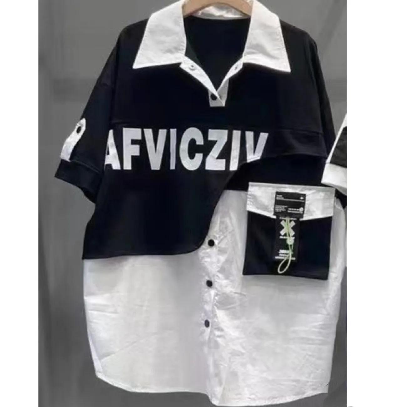 

Women s Summer Design Letter Splicing T-shirt Polo Collar Simple Commuter Top XXL чорний