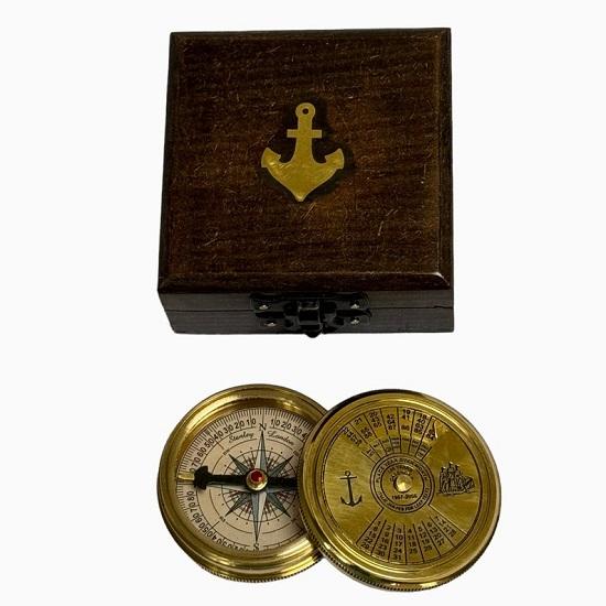 6.35cm Small Brass or Bronze Calendar Compass In a Wood Box
