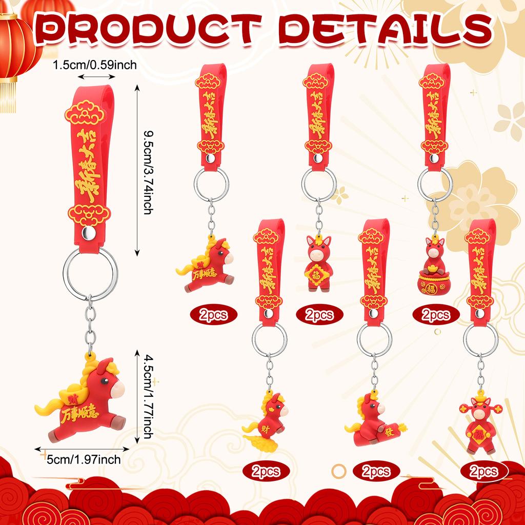 12 Pcs Horse Year Keychain Bulk Chinese New Year Horse Keychains Chinese Zodiac Hor-Se Keychain Years Of The Hor-Se Feng Shui Ha