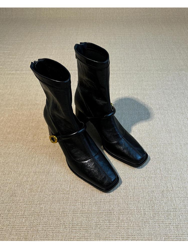 French square head high heel thin boots women's 2025 autumn and winter new retro thick heel elastic short boots black fashion boots
