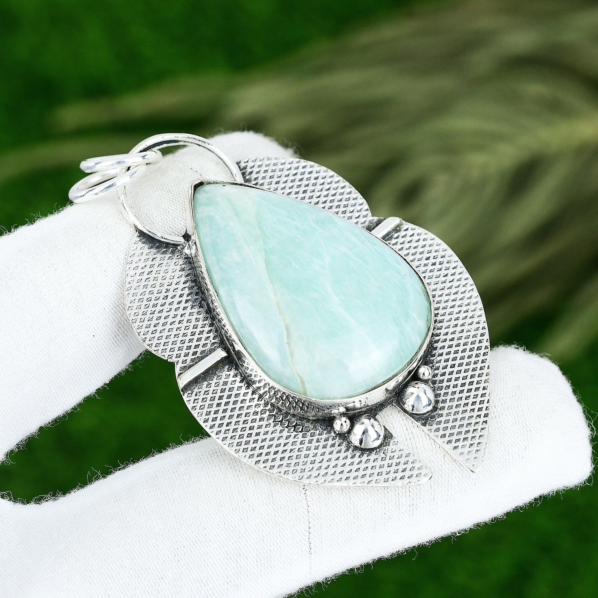 

925 Sterling Silver Pear Amazonite Stone Heart Chakra Mother Wedding New Pendant
