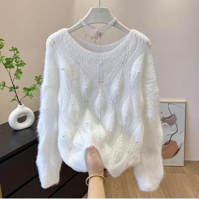 Women's Solid Color Hollow Sweater Loose Round Neck Nail Bead Design Pullover Autumn New Trend Casual Fashionable Famale Knitted Top