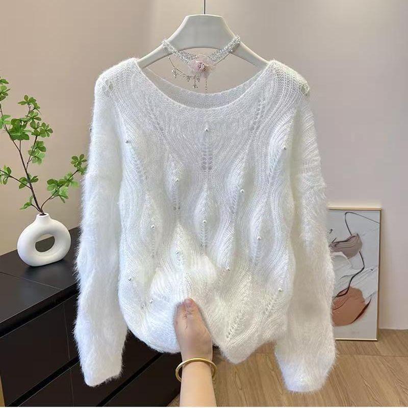 Women s Solid Color Hollow Sweater Loose Round Neck Nail Bead Design Pullover Autumn New Trend Casual Fashionable Famale Knitted Top One Size белый 2390₽