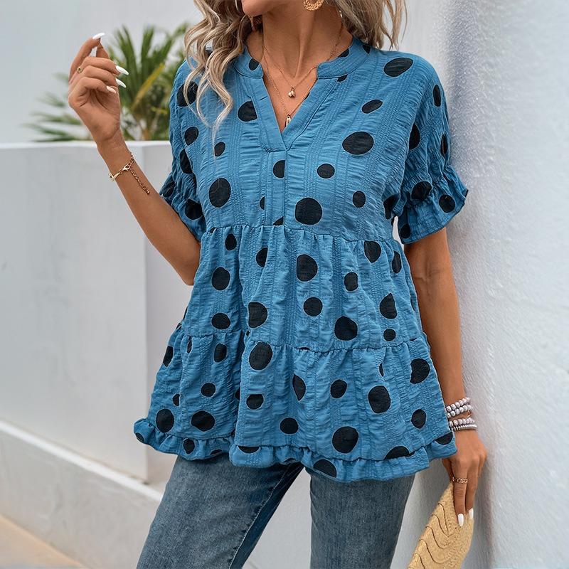 Damen Neues Sommer Lockeres Puppenhemd Fledermausärmel V-Ausschnitt Polka Dot Hemd