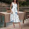 Women's Casual Fashion Round Neck Sleeveless Printed Side Pocket Midi Dress
