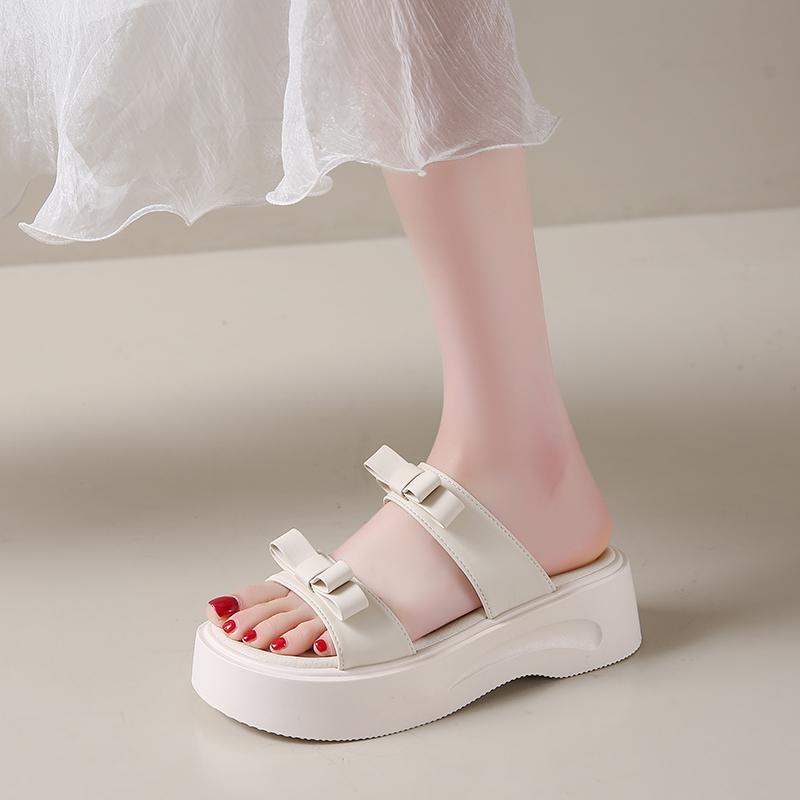 Fashion Platform Slippers Women Summer New Outside Wear Fashion Round Toe Open Toe Bow One Strap Non-slip Cool Mopping