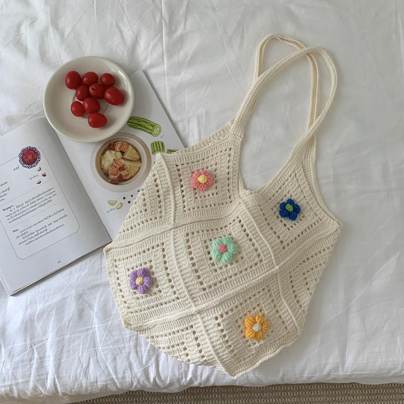 Yogodlns Summer New Hollow out Knitted Flower Tote Bag Single Shoulder Commute High-End Feeling Large Capacity Business Commuting