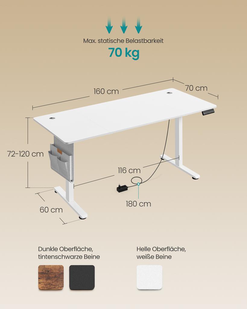 SONGMICS LSD138W01 Height-Adjustable Electric Desk 180 x 80 cm Fully Adjustable Memory Function with 4 Heights Cloud White